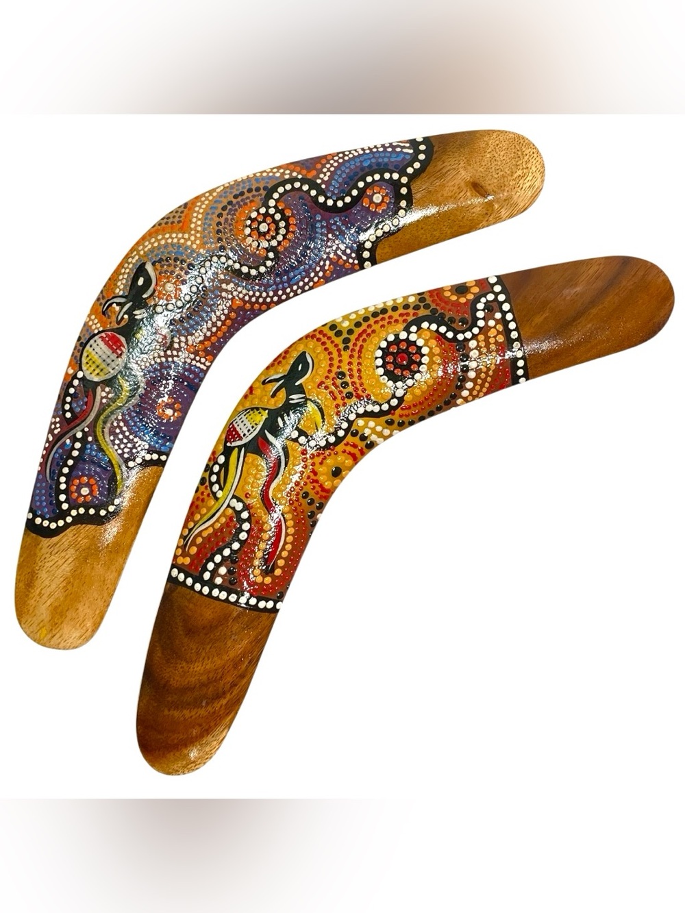 Vintage 1990s Australian Handmade Wooden Boomerangs - Aboriginal-Style Dot Art